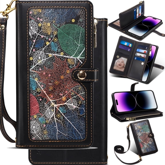 for Motorola Moto G85/S50 Neo Leather Phone Case Wallet Bag Zipper Pocket, Leaf Floral Fold Flip Cover Kickstand, Magnetic 3-Layers RFID Blocking Card Holder Slot, Hand Lanyard Shoulder Strap