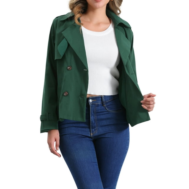 Abrigo Trench Chic Inspire para mujer, chaqueta corta de solapa con doble botonadura, tamaño XL, color verde