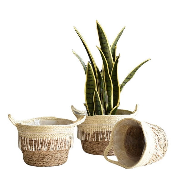 Cesta tejida a mano para plantas de algas marinas, ecológica, con almacenamiento multifuncional, revestimiento interior de plástico, cestas sostenibles para plantas de interior, maquillaje, artículos