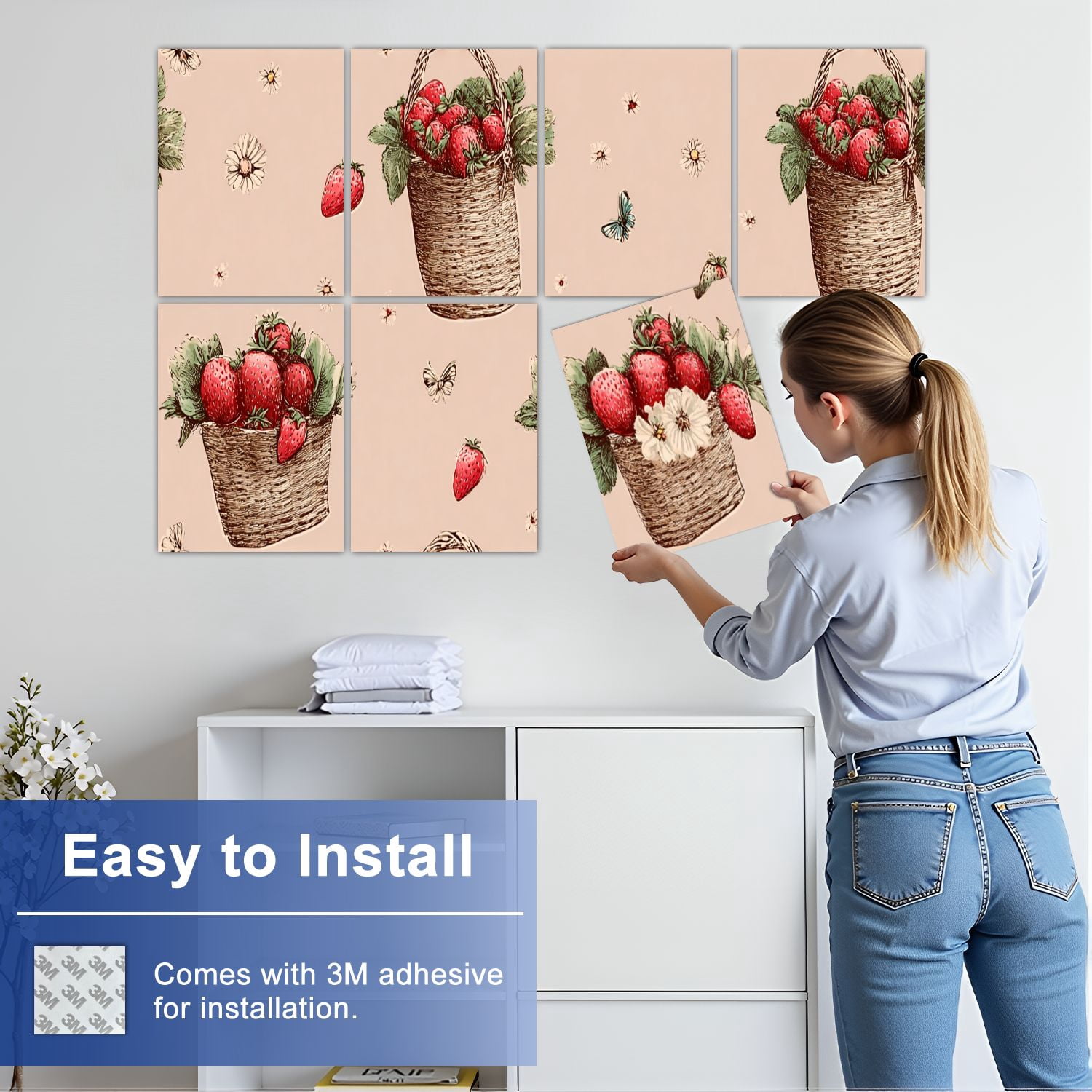 8 Pack Art Acoustic Panels Sound Absorbing Strawberry Baskets Flowers Butterflies Seamless Beige Decorative Soundproof Wall Panels Self Adhesive for Nursery Game Room Bedroom 48"x32"