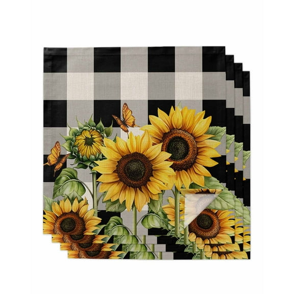 nqOlkjepod Sunflower Checkered Cloth Napkins Set of 4 Reusable Dinner Napkins, Black Buffalo Plaid Pastoral Flowers Cocktail Napkin Washable Table Napkins for Wedding/Party/Baby Shower 20"x20"