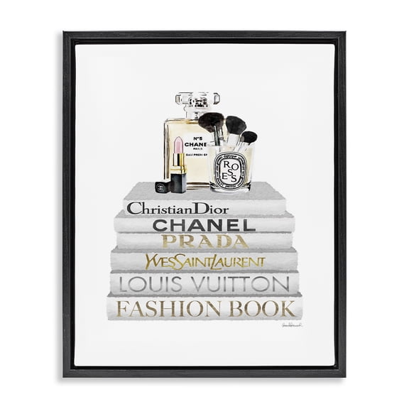 Stupell Industries Art Deco Bookstack with Makeup Accessories Black Floating Frame Canvas Art, 17 x 21, by Amanda Greenwood