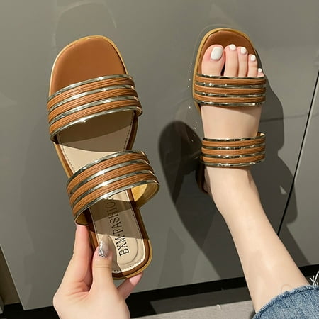 

Cathalem Fashion Spring And Summer Women Slippers Flat Bottom Open Toe Colorblock Shiny Comfortable Slippers for Women Wide Width Brown 7