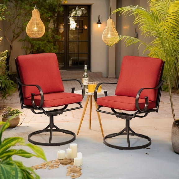 MELLCOM Patio Swivel Chair Set of 2, Heavy Duty Outdoor Dining Chairs with Thickened Cushions, Metal Patio Chairs Gentle Rocker for Outside, Garden Lawn & Porch, Backyard, Red