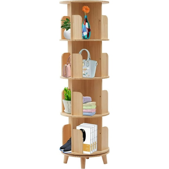 Miumaeov 4-Tier Book Cabinet Wood Rotating Bookshelf Stand Storage Rack Shelf Smooth