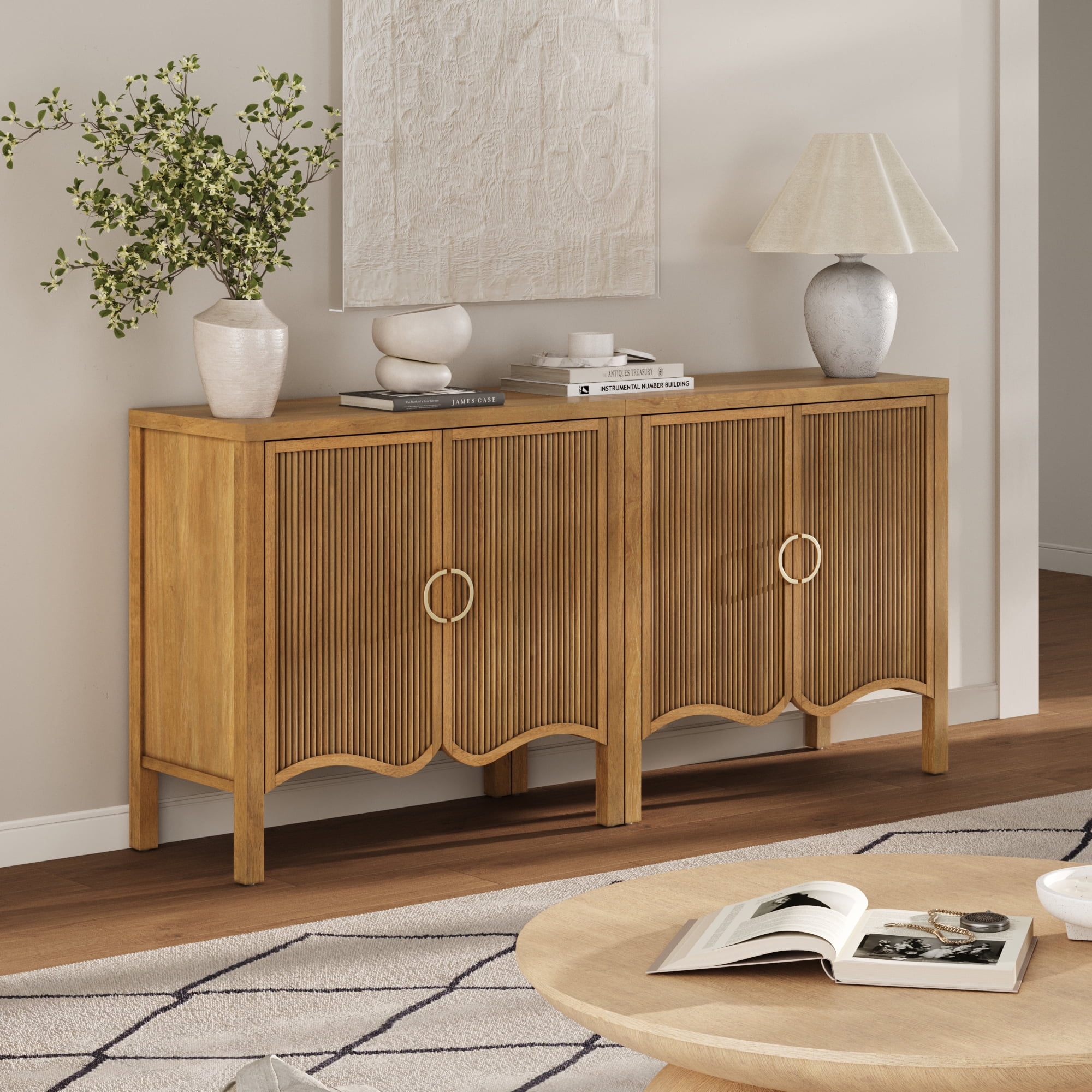 Nathan James Scott Transitional Fluted Accent Cabinet or Storage Cabinet for Living Room or Entryway with Solid Wood Panel, Light Brown