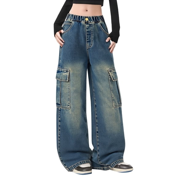 Coerni Girl's Elastic Waist Jean Cargo Pants Baggy Wide Leg Flap Pocket Denim Pants Girls Barrel Leg Jeans for Kids Softball Clothes