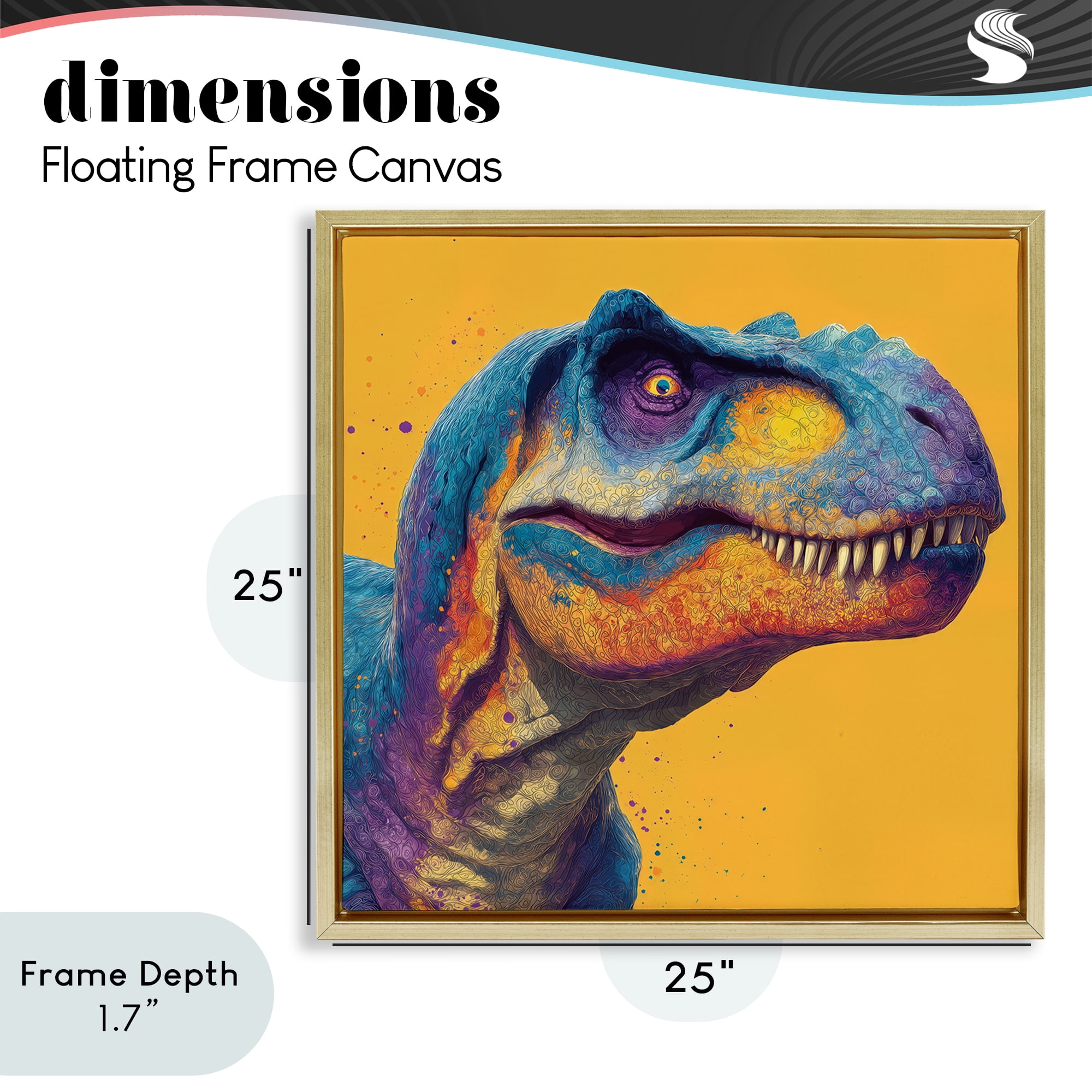 Stupell Industries Vibrant T-Rex Portrait Gold Framed Floater Canvas Wall Art, design by Wumples