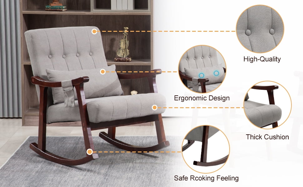 Rocking Chair with Massage Lumbar Support,Upholstered Glider Chair with Side Pocket, Nursery Rocker with High Backrest,Rubber Wood Legs, Rocking Accent Armchair for Living Room Bedroom Nursery