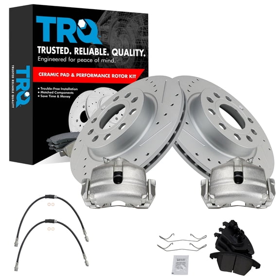 TRQ Front Brake Pad and Rotor Set Ceramic Slotted Drilled G Coated 280mm Rotors Calipers Hoses Fits 2012-2017 Volkswagen Jetta