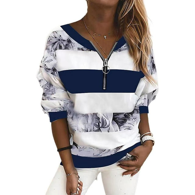 T-shirt à Col en V à Fermeture Éclair Imprimé Colorblock pour Femmes Automne Manches Longues Décontracté Grande Taille