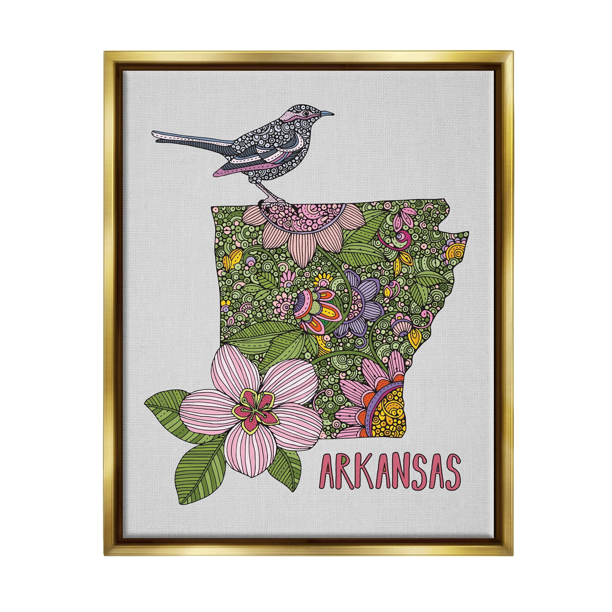 Stupell Industries Intricate Arkansas Floral Pattern Mockingbird Blossom Graphic Art Metallic Gold Floating Framed Canvas Print Wall Art, Design by Valentina Harper