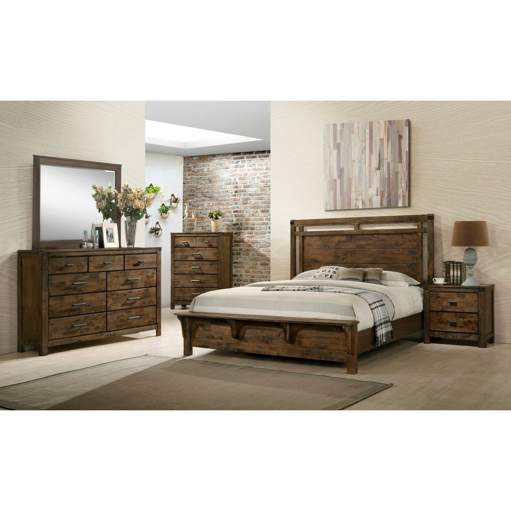 4pc Contemporary Rustic Finish Queen Size Bedroom Set Bed Dresser