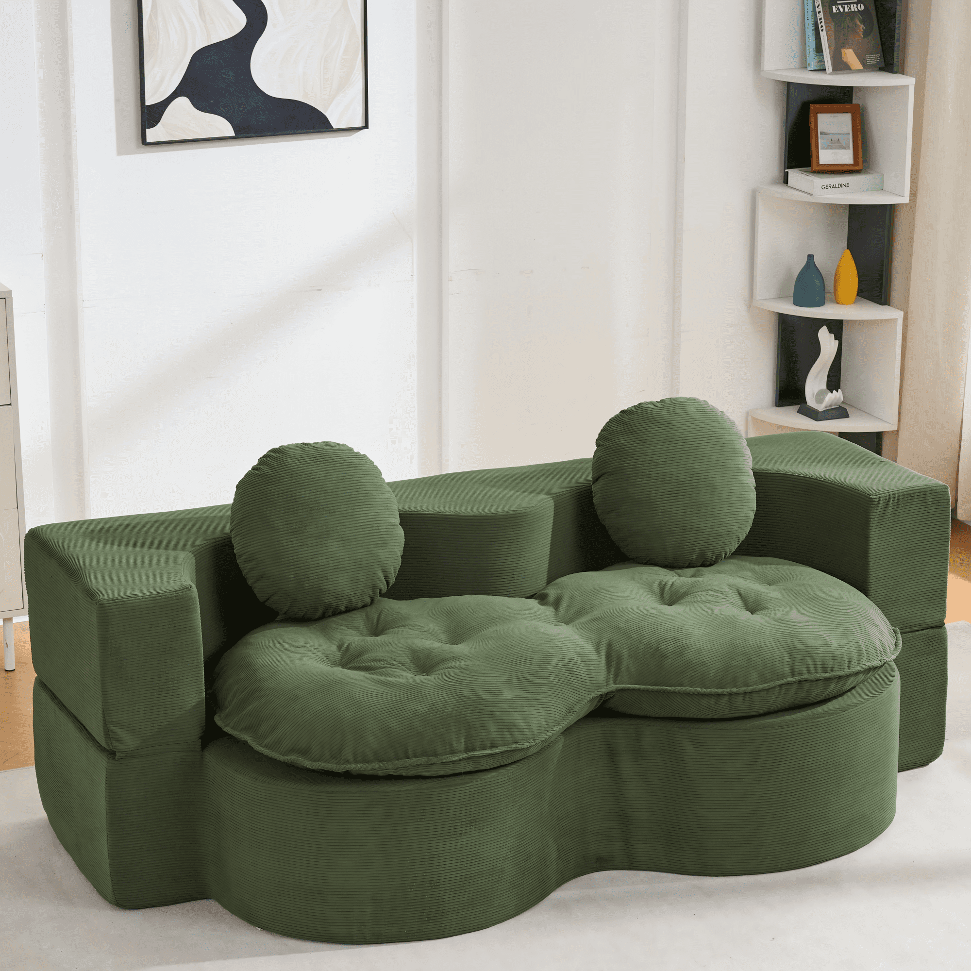 Convertible Sleeper Sofa – Modern Folding Futon, Corduroy Floor Foam Loveseat, Full-Size Guest Bed with 2 Pillows – Space-Saving for Apartment, Living Room, Bedroom