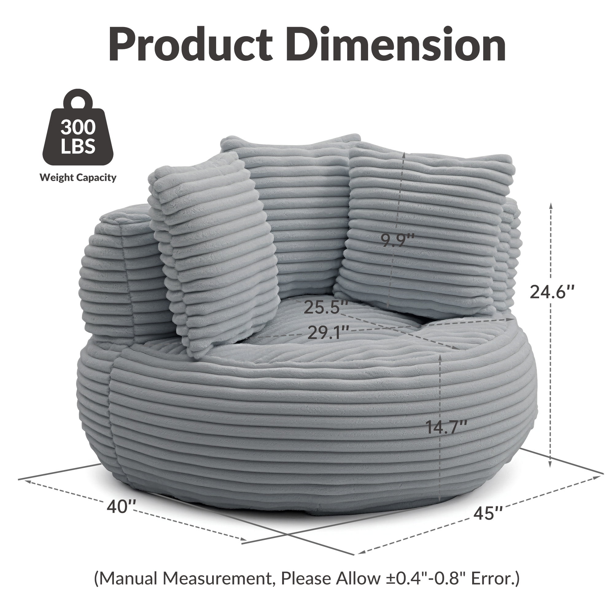 YINIX Oversized Bean Bag Chair with Backrest and Cushion, Cozy Round Floor Sofa for Living Room, Gray