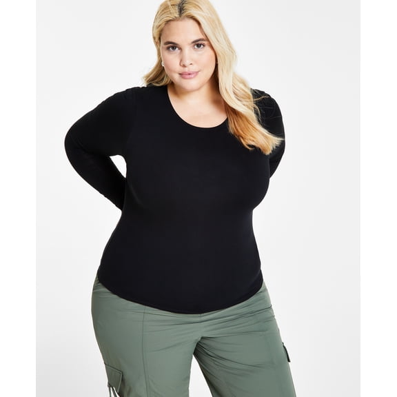 Plus Size Long-Sleeve Jersey Knit Top Deep Black 1X