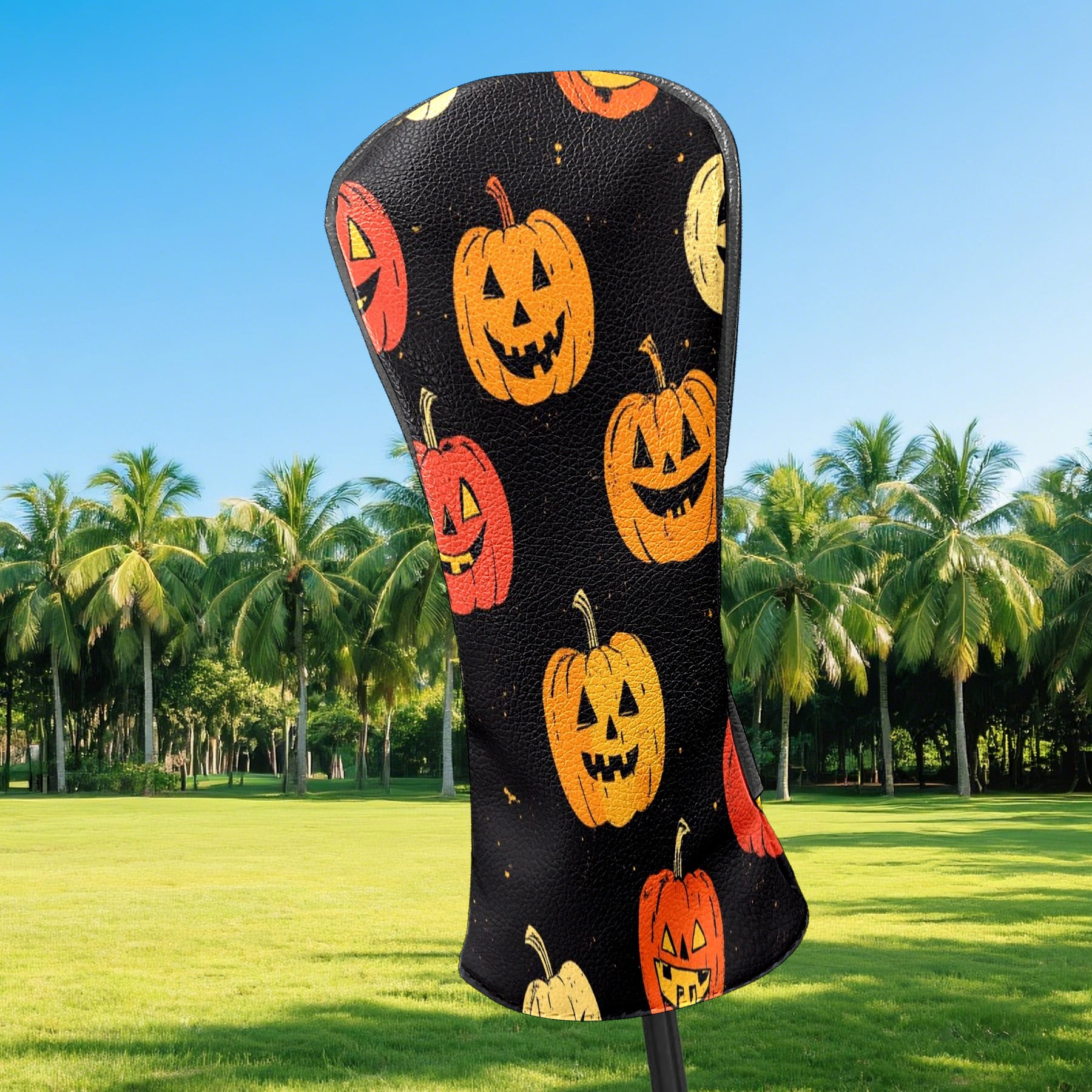 Golf Club Covers PU Leather Waterproof Head Covers for Fairway Woods Hybrids Halloween Pumpkin Pattern Unisex Fits Most Brands