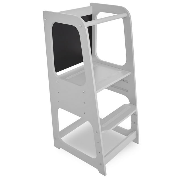 Dream On Me Explora Tower white children's step stool featuring three adjustable platform heights, anti-slip base, and a chalkable blackboard panel.