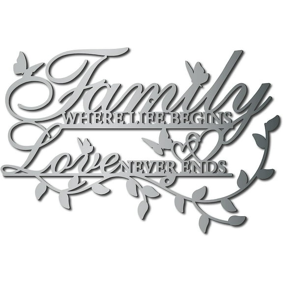 Family Where Life Begins Love Never Ends Word Sign Metal Wall Decor Home Family Wall Art Decorations for Living Room Bedroom Kitchen Indoor Outdoor Garden 11.8 x 7.9 Inch Silver