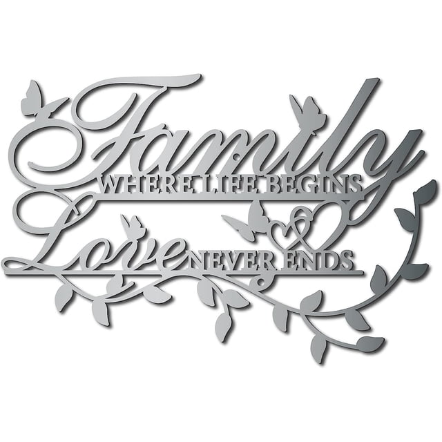 Letrero de metal con la palabra "Familia donde comienza la vida, el amor nunca termina", decoración de pared familiar para el hogar