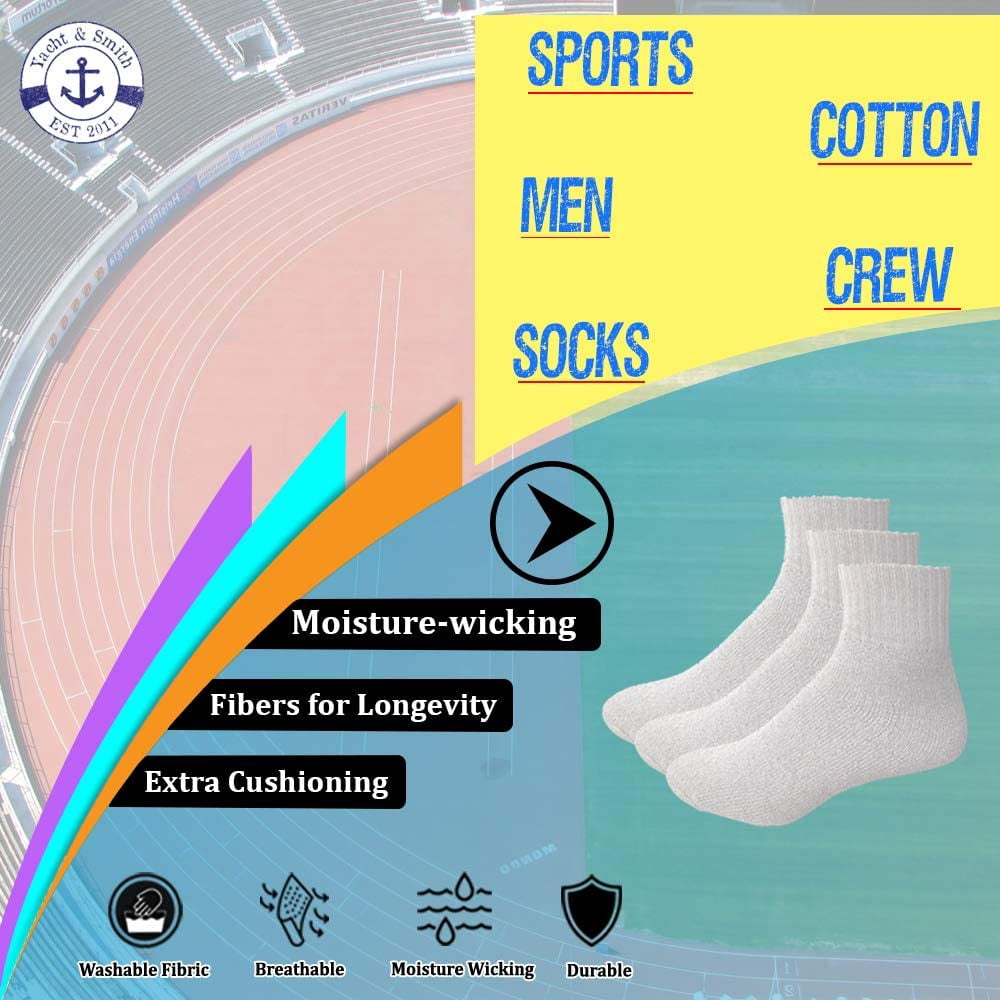 Yacht & Smith Men Wholesale Cotton Sport Athletic Mid Ankle Socks Bulk Case Pack Size 10-13, (White) (24)