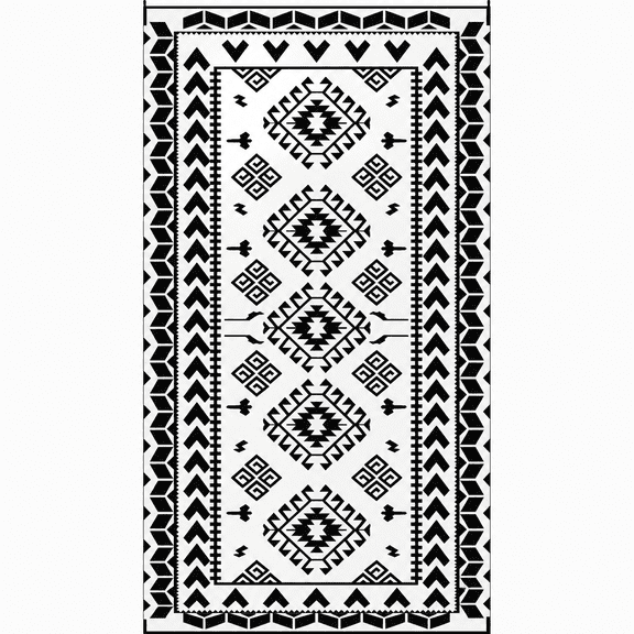 9' x 18' Black & White Rhombus Patchwork Reversible Outdoor Rug, Waterproof Patio Camping Mat with Carry Bag, Foldable Portable Indoor Outdoor RV Carpet