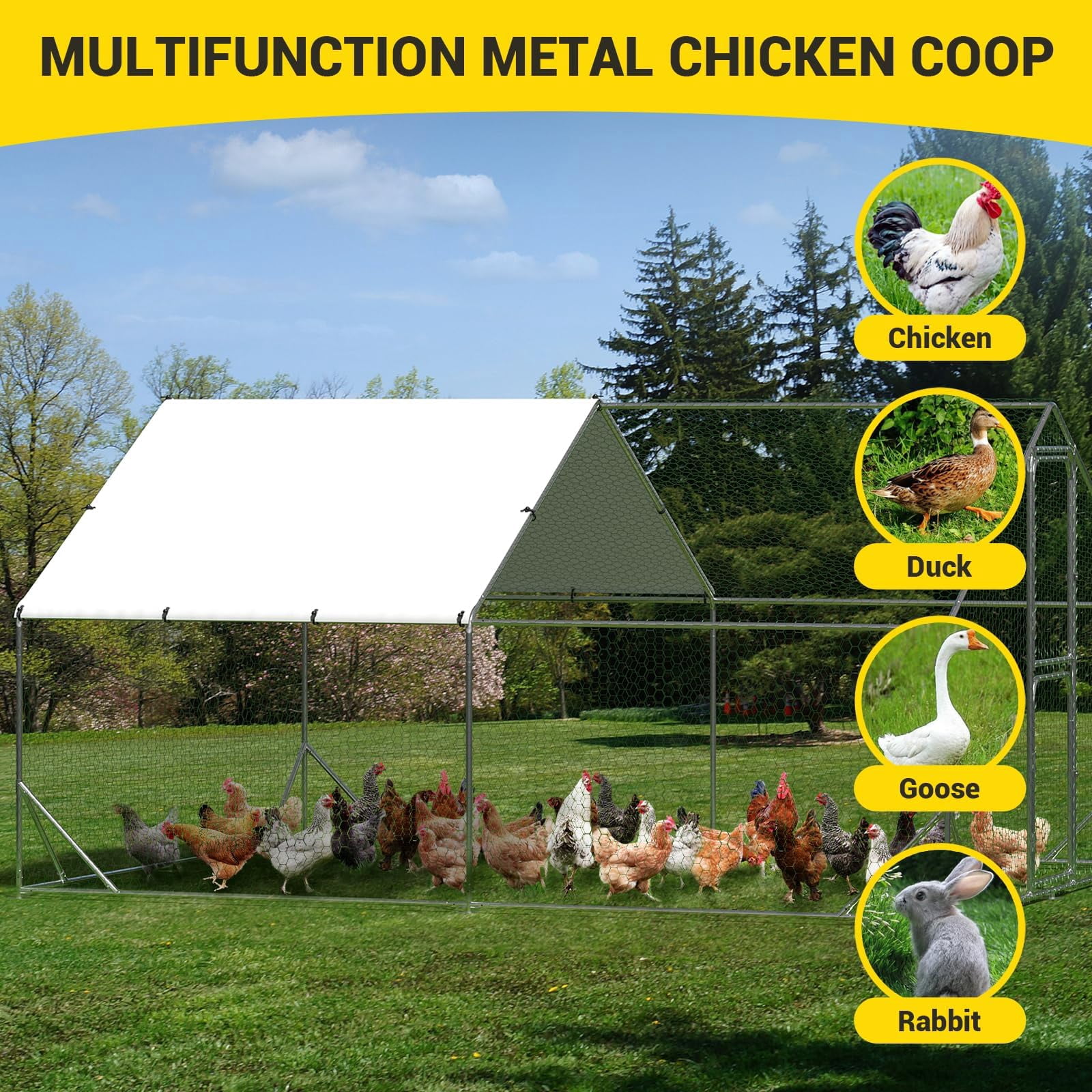 Huisuilinss Large Metal Chicken Coop Poultry Cage With Waterproof Cover Walk-in Metal Poultry Cage Peaked Hen House Chicken Run Pen Dog Kennel Duck Rabbit House For Outdoor Backyard Farm