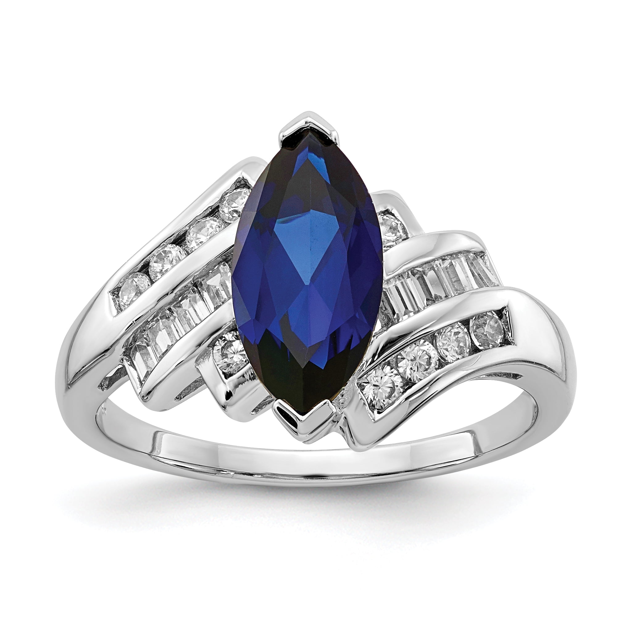 Blue Sapphire & White Marquise Diamond Ring Engagement 925 Sterling Silver Woman 