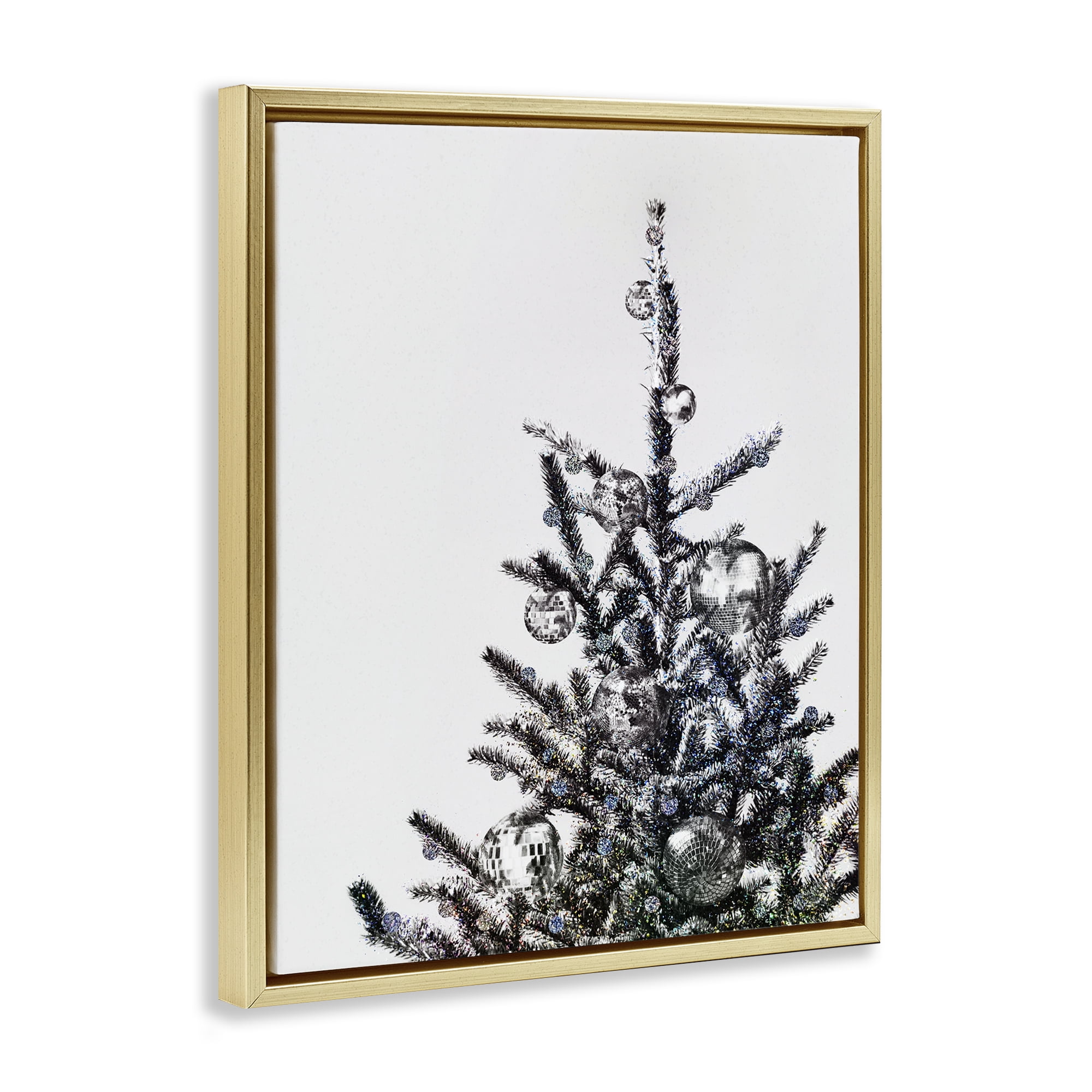 Stupell Industries Christmas Tree Disco Balls Holiday Painting Gold Floater Framed Art Print Wall Art, 17 x 21