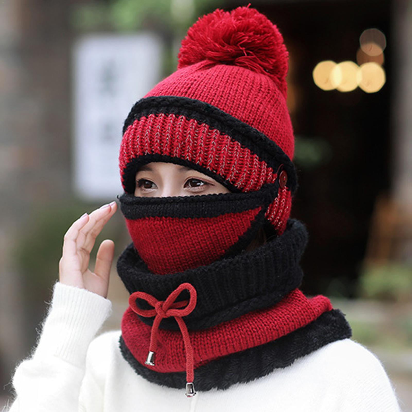 Outdoor Women Knitted Hat Scarf Sets Fur Pompom Hat Thick Soft Cotton Gift WE 