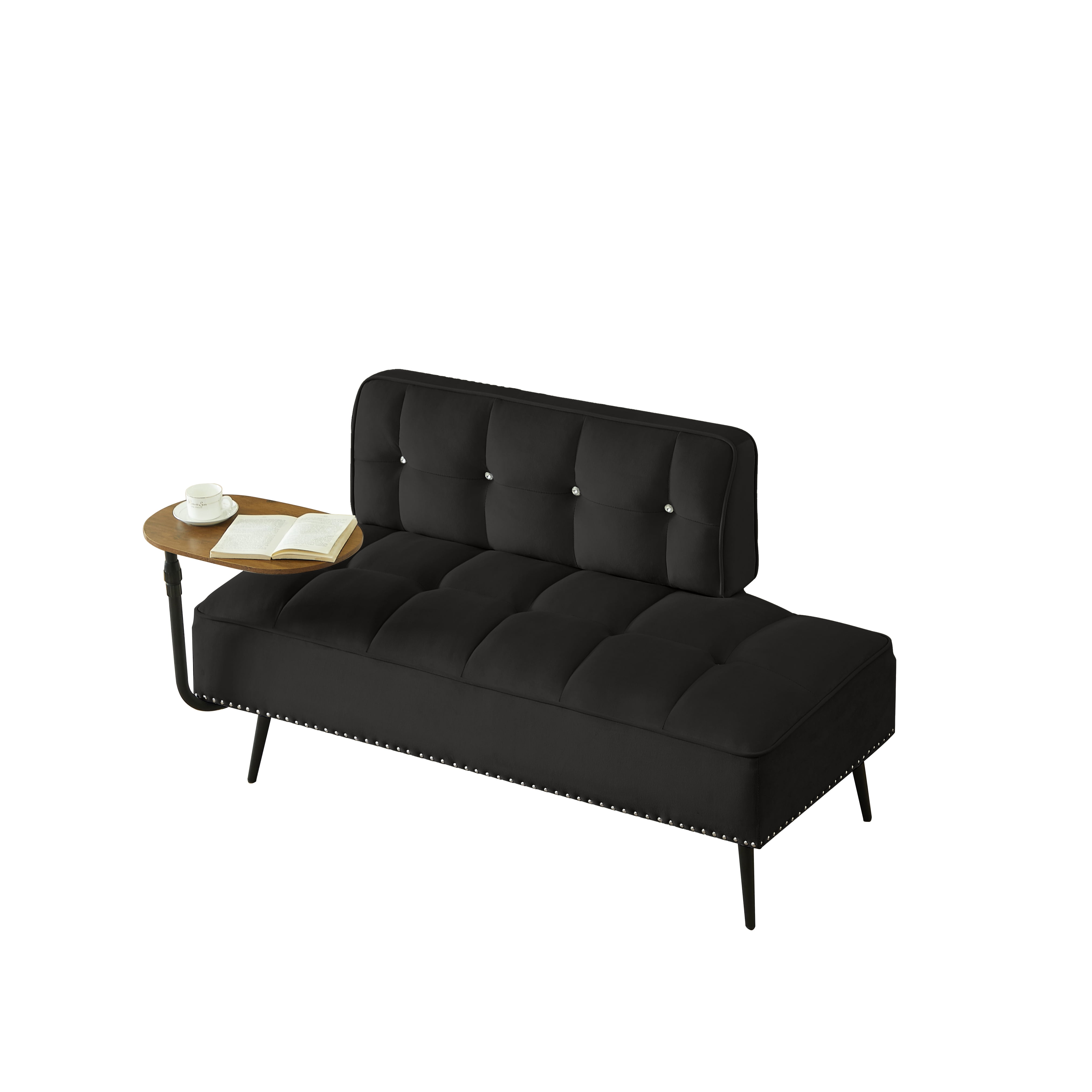 Modern Two-Seater Velvet Sofa with 360° Rotating Side Table, Entryway Ottoman Bench with Backrest for Living Room, Bedroom, Apartment, Space Saver, Black