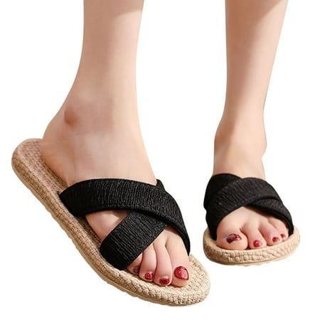 

Cathalem Shoes for Women Casual Summer Shoes Linen Bottom Straw For Women Slippers Beach Slippers Casual Shoes for Women 8 Wide Black 8