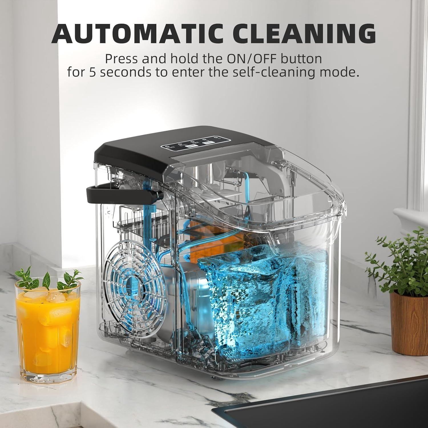 Countertop Ice Maker Machine, 8 Cubes in 6 Mins, 26.5 lbs/Day, Self-Cleaning, 2 Sizes, for Home/Kitchen/Camping/RV， Black