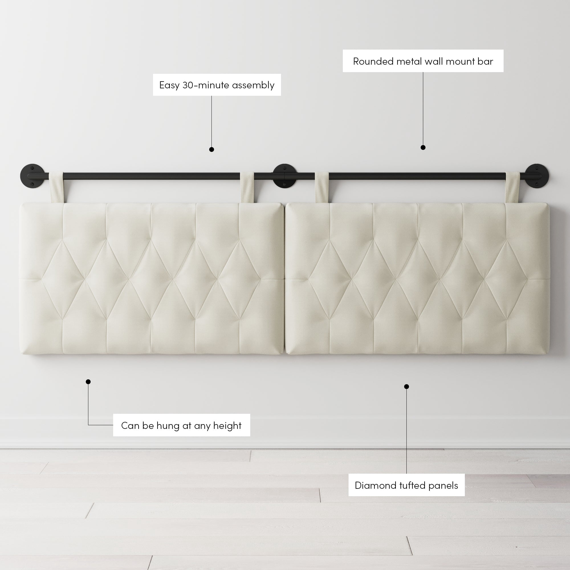 Nathan James Remi King Wall Mount White Button Tufted Headboard with Adjustable Straps and Black Metal Rail