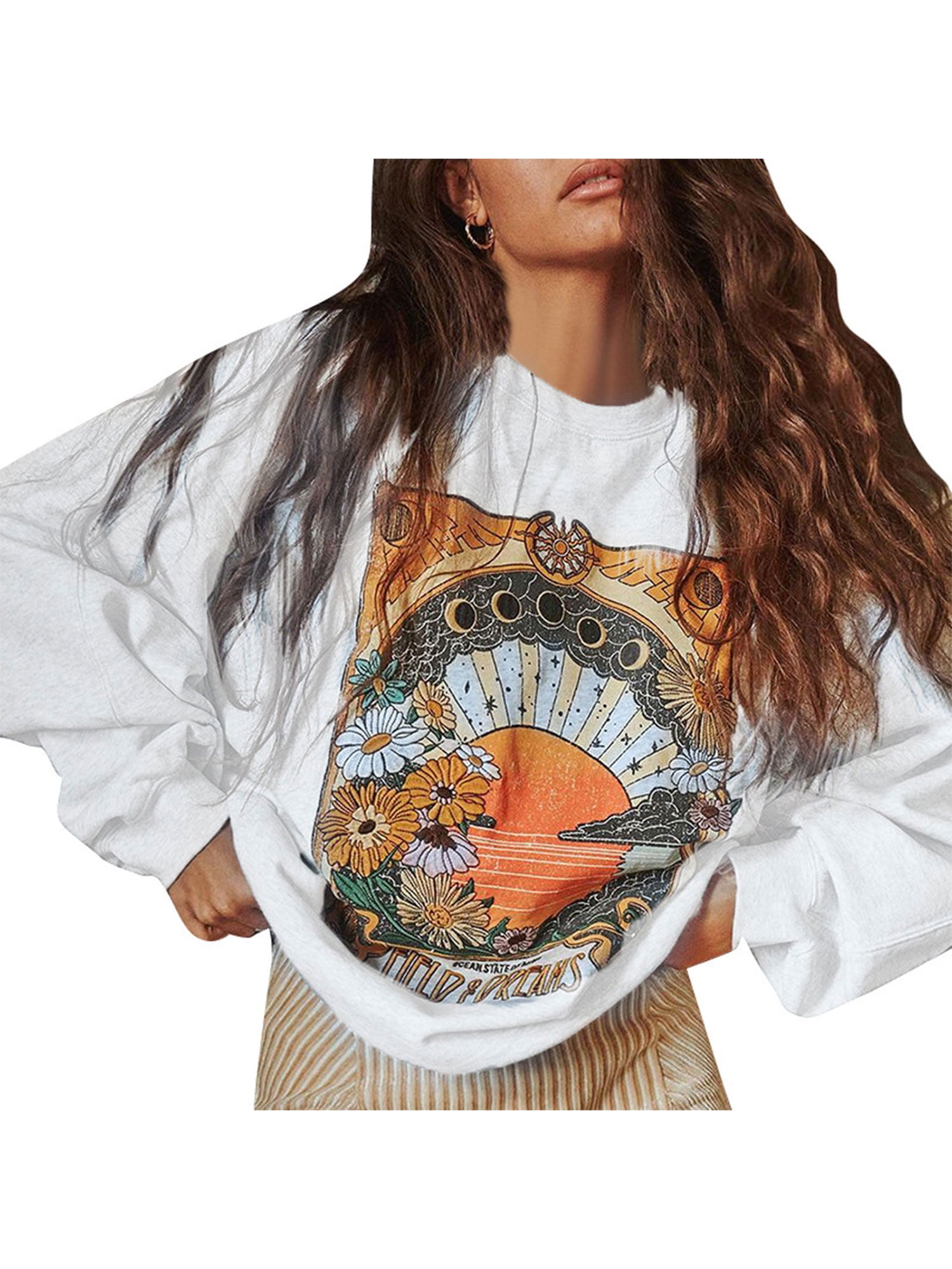 Oversized Sweatshirts for Women Vintage Moon Sun Graphics Print Pullover Long Sleeve Crewnevk Blouse 