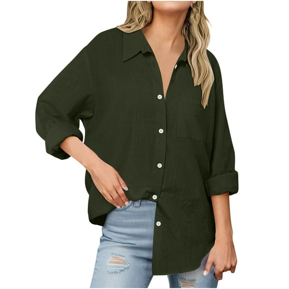 Womens Button Down Shirts Long Sleeve Cotton Gauze Tops Casual Collared Blouses Loose Fit