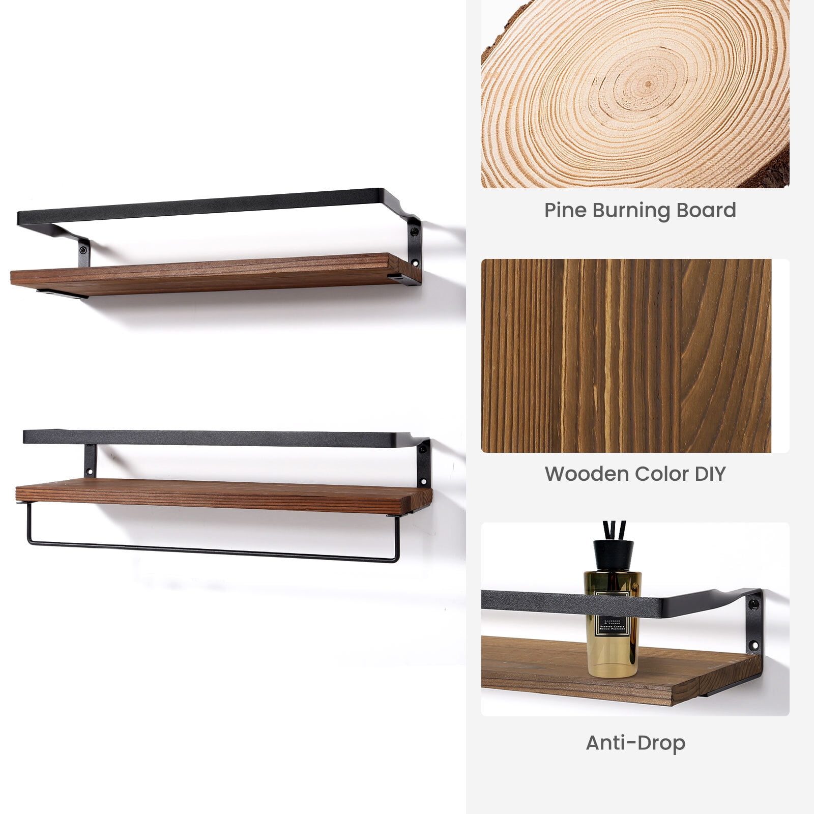 Uten Floating Wall Shelf Set of 2, Wall Mounted Shelves Wooden Holder Loading 20lb, Brown
