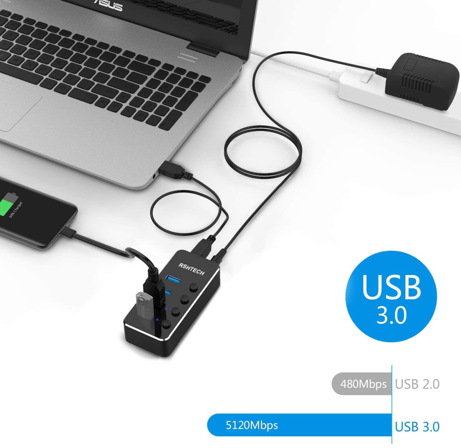 Powered USB Hub, 4 Port USB 3.0 Hub Splitter Portable Aluminum USB Data Hub Expander with Individual On/Off Switch and versal 5V AC Adapter, 3.3ft USB 3.0 Cable (RSH-516)