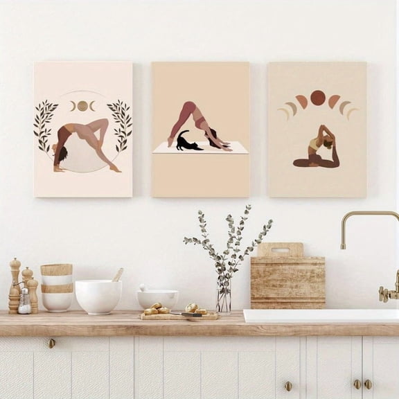 3pcs Set Yoga Pose Canvas Art Prints, Abstract Women Landscape Theme, Frameless Wall Decor for Living Room, Bedroom, Office - Unframed Posters
