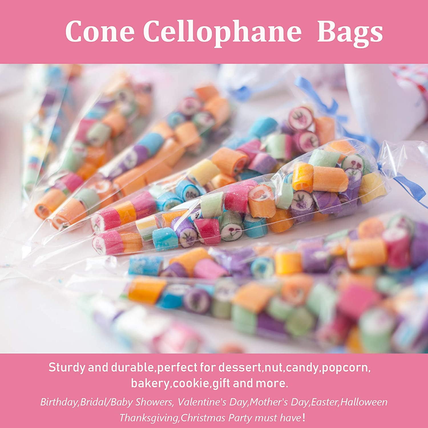 Plastic Cone Bags Triangle Bags for Popcorn Favor Candy Cone Cellophane Bags,200 PCS 6.3x11.8 Cello Clear Cone Shaped Treat Bags with Twist Ties 