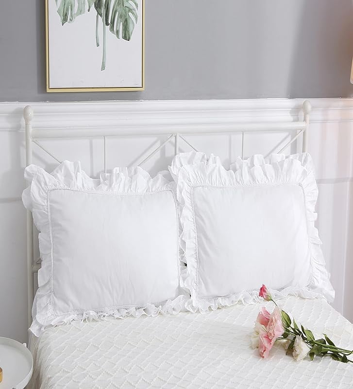 2-Pack Bright White Pillow Shams Pillowcases with Lace and Ruffles Cotton Standard Twin Size 20"X26" Shabby Chic