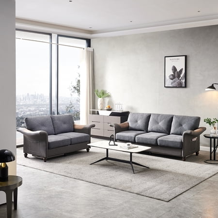 Ucloveria 2 Piece Sectional Sofa Sets, 3+2 Linen Fabric Faux Leather Couch Furniture, Three-Seat Chair & Love Seat