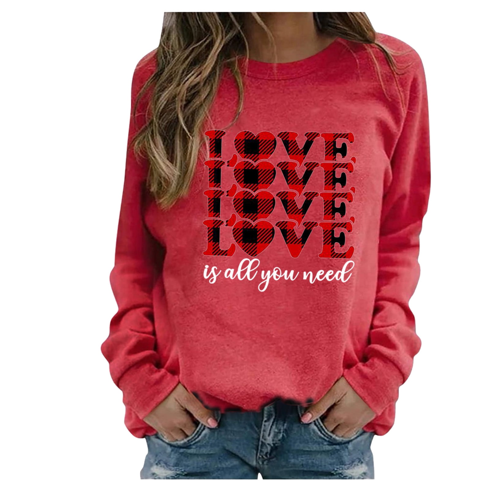 Lolmot Women Casual Long Sleeve Valentine Printing O-Neck Tops