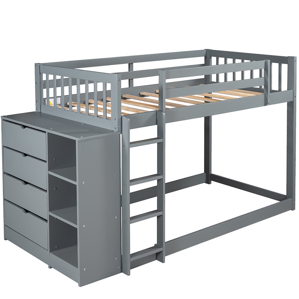 Private Jungle Twin over Twin Bunk Bed with Attached Cabinet and Shelves Storage,Gray