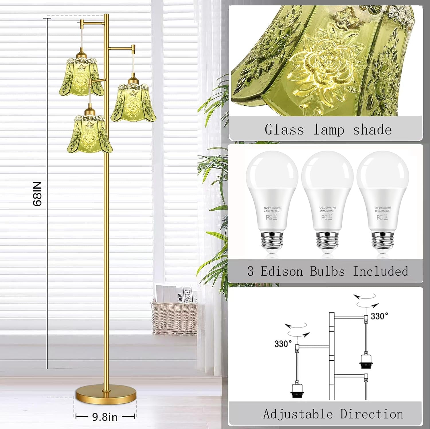 Gold Floor Lamp for Living Room,Bedroom,Tree 3 Light Standing Lamp Mid Century Modern Brass Tall Floor Lamps Vintage Retro Floor Lights Glass Green Flower Lamp Shade Farmhouse Boho Bohemian
