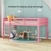 JOYMOR Low Loft Bed Twin Size with Stairs, Pind Wood Loft Bed for Girl, Space-Saving Design, Pink