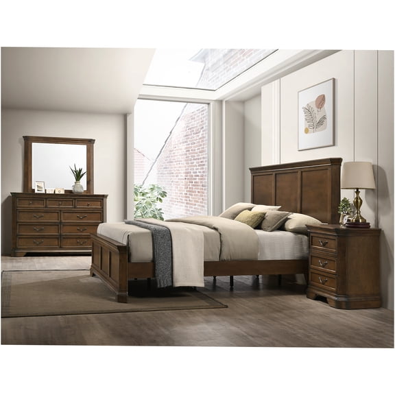 JERFIT King Bedroom Set with Dresser, Mirror & Nightstand, 4-Piece Traditional Solid Wood Panel Bed in Antique Walnut Brown Finish