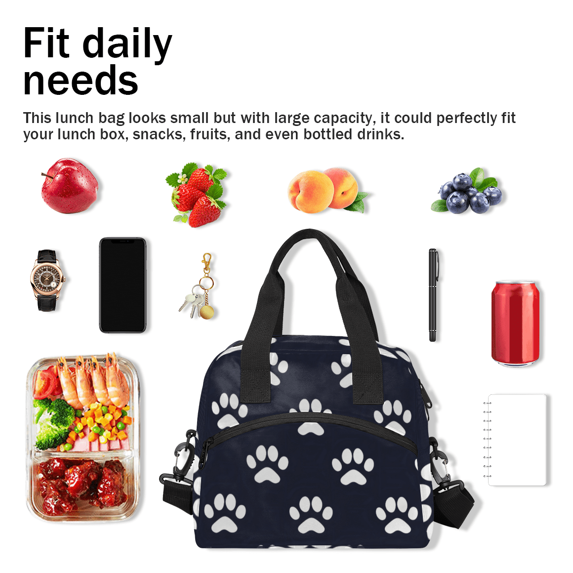 Herdesigns Dog Bones Paw Insulated Lunch Bag for Women Men Adults Large Reusable Lunch Box Dog Paws Leakproof Cooler Tote Bags with Adjustable Shoulder Strap