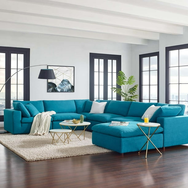 Commix Down Filled Overstuffed 7 Piece Sectional Sofa Set in Teal