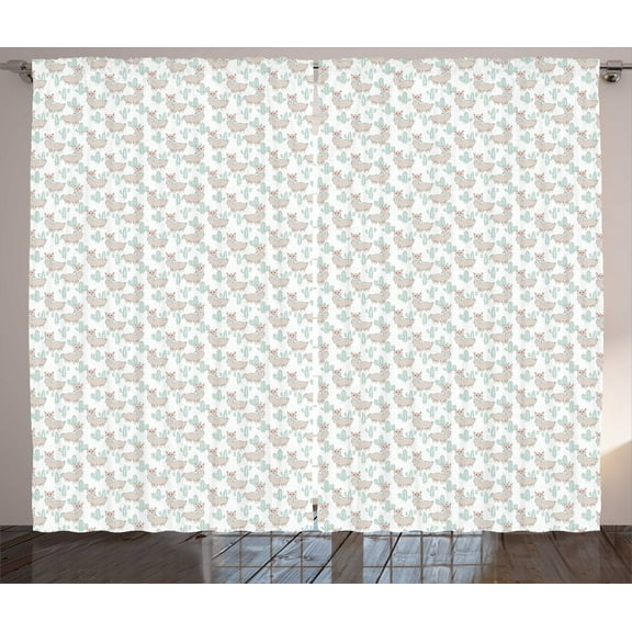 Ambesonne Animal Print Curtains 2 Panel Set, Llama Scarf and Cactus, 108" x 63", Eggshell Blue